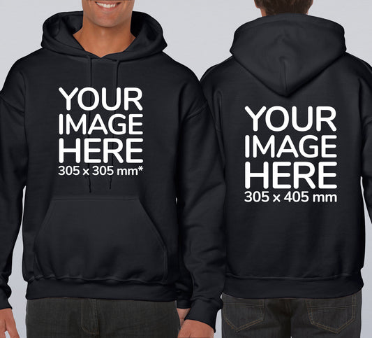 Two adults wearing black hoodies with placeholder text for images, indicating the front and back views of the hoodie.