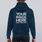 The image shows the back view of a navy blue children's hoodie with text on the upper part indicating 'YOUR IMAGE HERE' along with a size dimension of 264x38 mm.