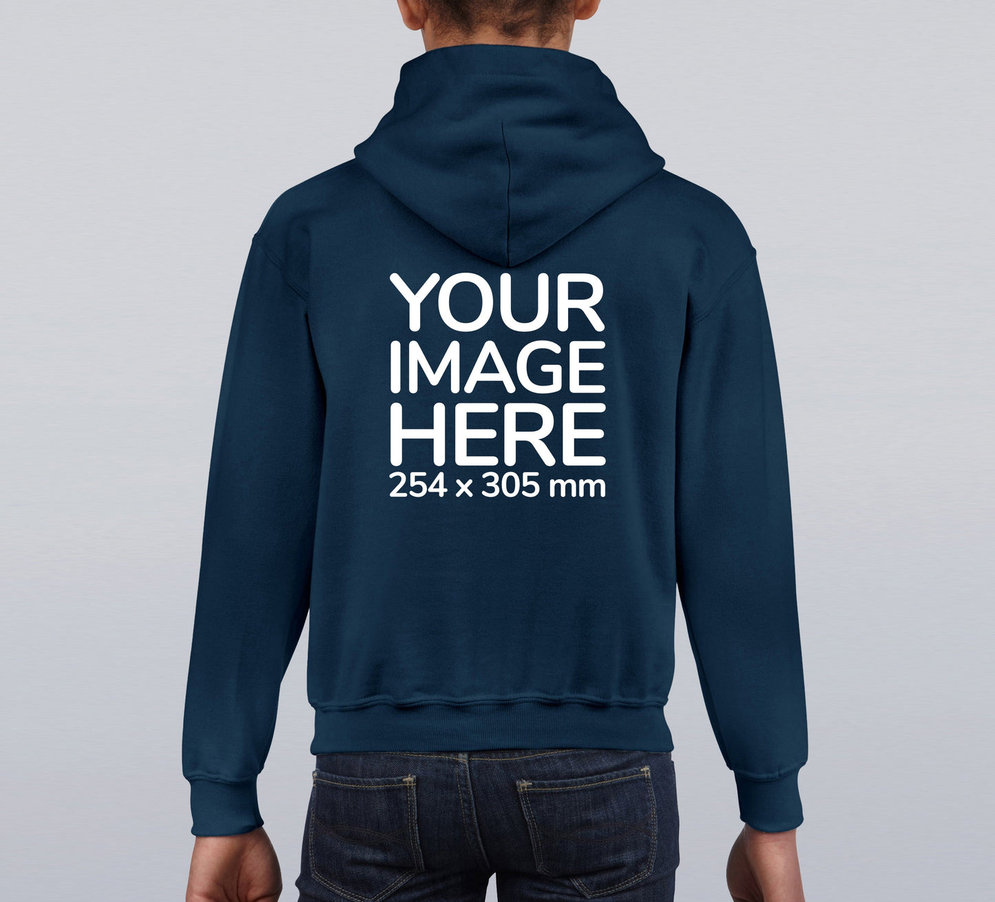 The image shows the back view of a navy blue children's hoodie with text on the upper part indicating 'YOUR IMAGE HERE' along with a size dimension of 264x38 mm.