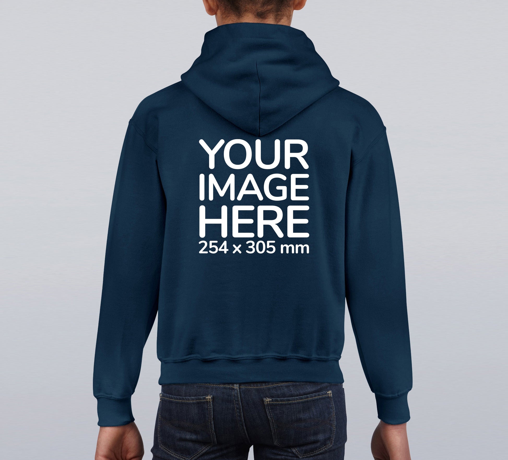 The image shows the back view of a navy blue children's hoodie with text on the upper part indicating 'YOUR IMAGE HERE' along with a size dimension of 264x38 mm.