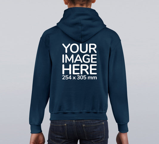 The image shows the back view of a navy blue children's hoodie with text on the upper part indicating 'YOUR IMAGE HERE' along with a size dimension of 264x38 mm.