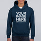 A navy blue children's hoodie with text 'YOUR IMAGE HERE' and a placeholder for a custom photo. The hoodie has a double-lined hood, air jet yarn, and is displayed on a child model wearing blue jeans.