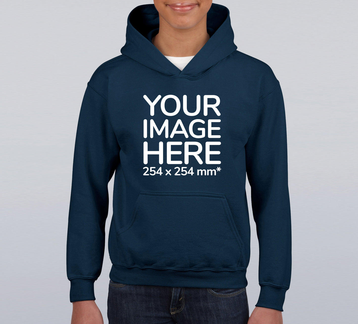 A navy blue children's hoodie with text 'YOUR IMAGE HERE' and a placeholder for a custom photo. The hoodie has a double-lined hood, air jet yarn, and is displayed on a child model wearing blue jeans.