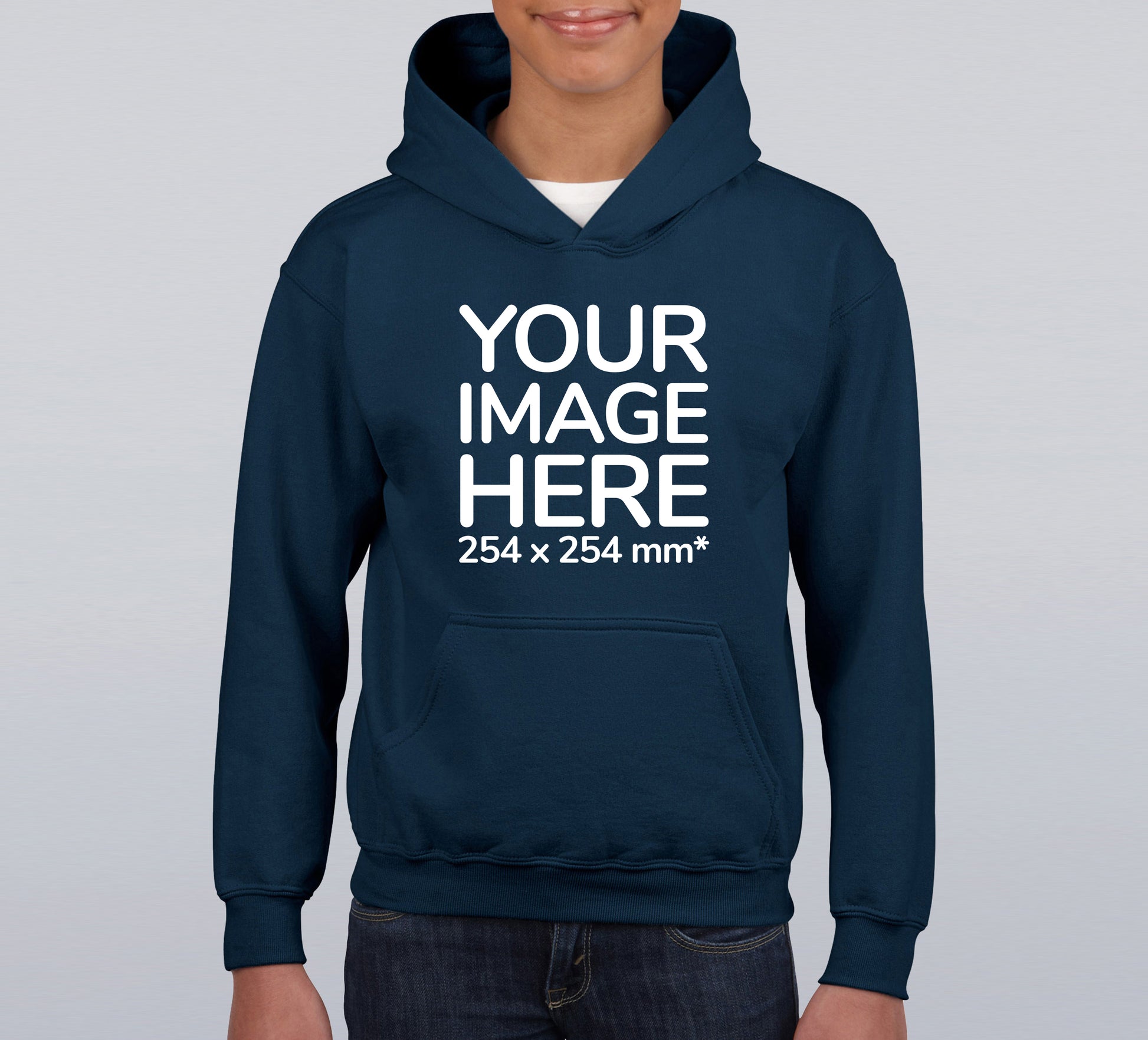 A navy blue children's hoodie with text 'YOUR IMAGE HERE' and a placeholder for a custom photo. The hoodie has a double-lined hood, air jet yarn, and is displayed on a child model wearing blue jeans.