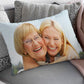 custom pillow case personalised with photo women and her mom. displayed on sofa.