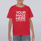 A red children's T-shirt with a placeholder text that reads 'YOUR IMAGE HERE' along with the dimensions '254 x 305 mm' for custom printing.