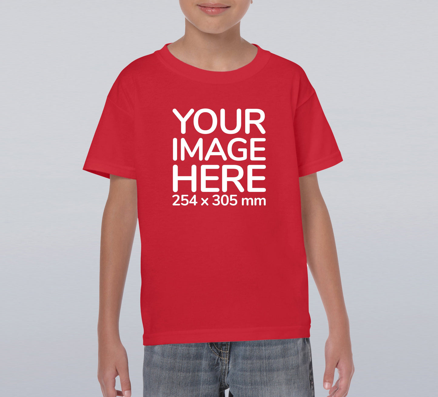 A red children's T-shirt with a placeholder text that reads 'YOUR IMAGE HERE' along with the dimensions '254 x 305 mm' for custom printing.