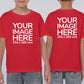 Two children wearing red crew neck T-shirts with a placeholder for an image, indicating that the shirts are customizable.