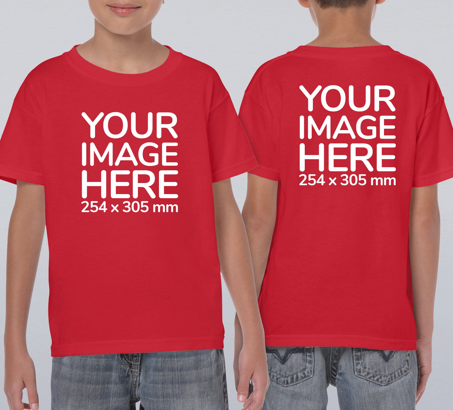 Two children wearing red crew neck T-shirts with a placeholder for an image, indicating that the shirts are customizable.