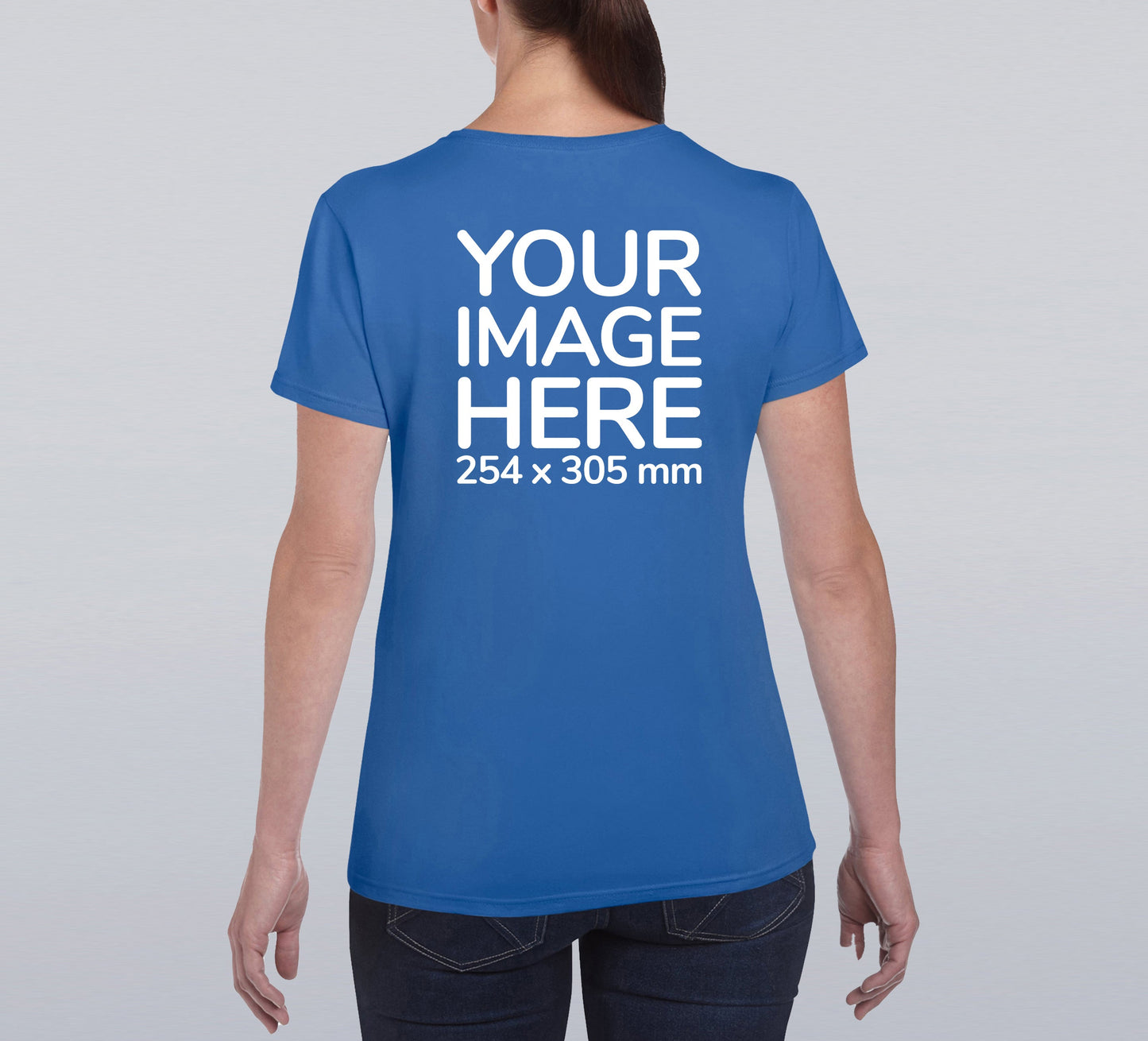 A woman wearing a blue crew neck T-shirt with a placeholder text that says 'YOUR IMAGE HERE' on the back.
