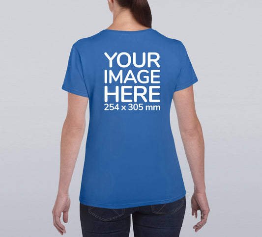 A woman wearing a blue crew neck T-shirt with a placeholder text that says 'YOUR IMAGE HERE' on the back.