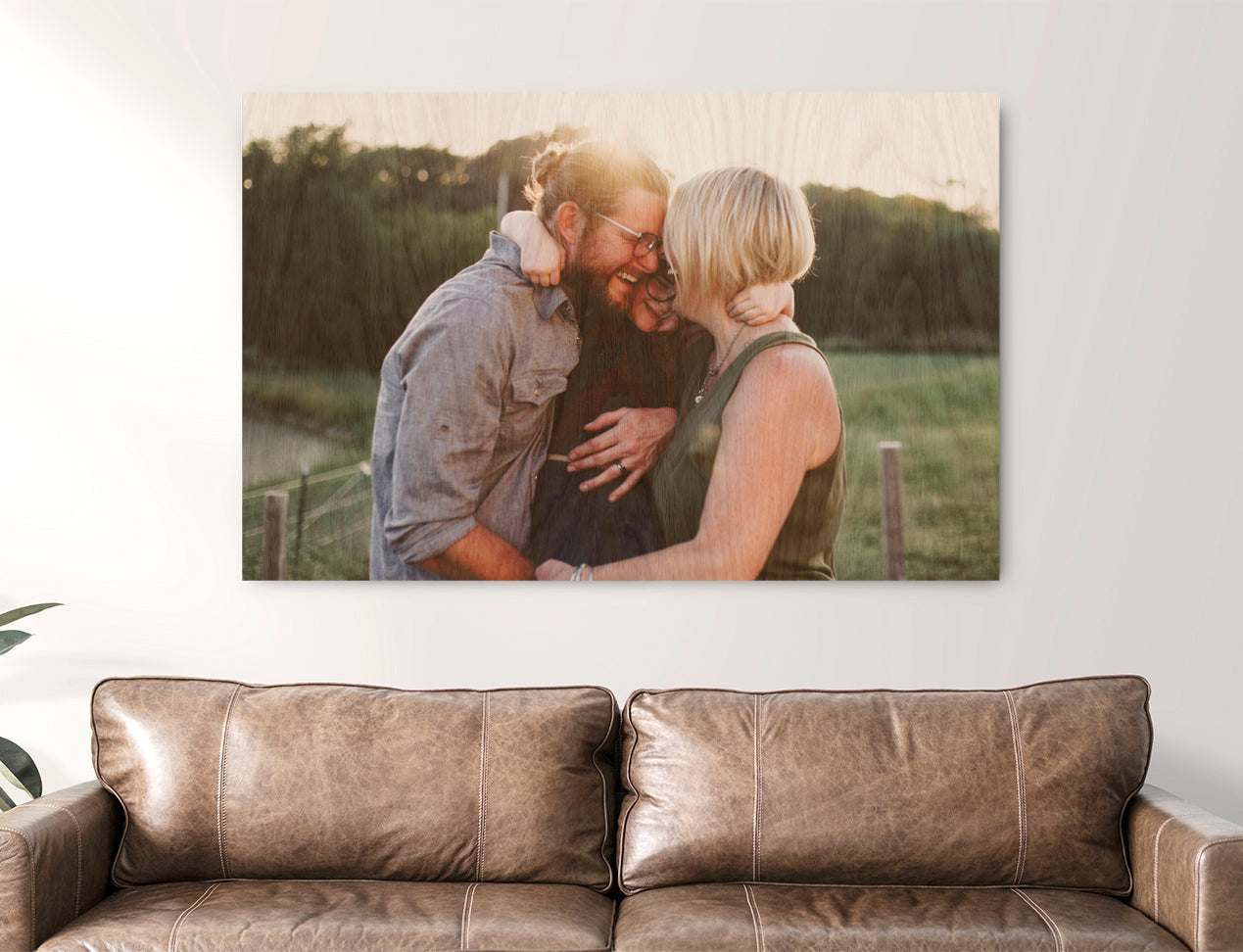 family picture printed on wood and hanging on the wall