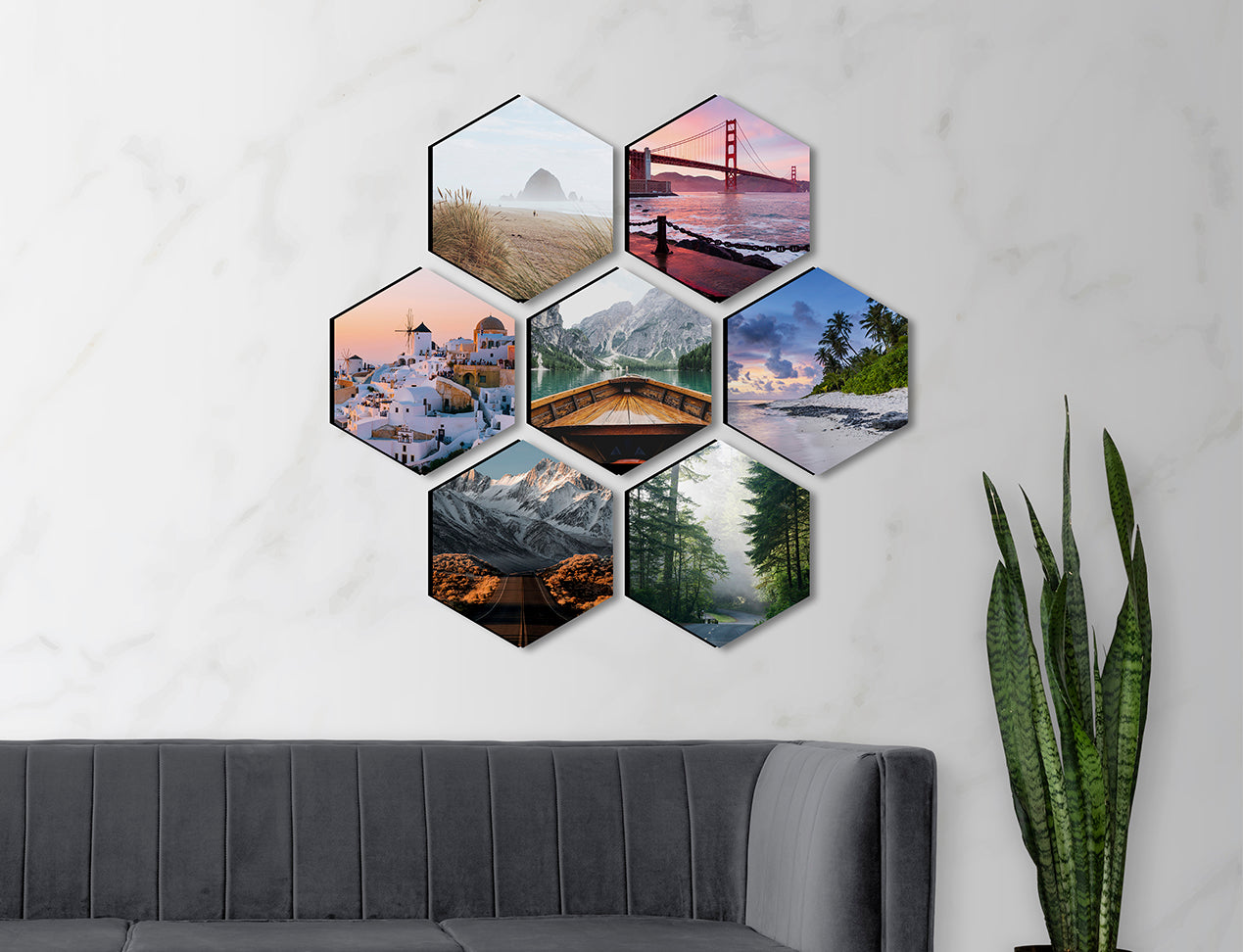 wall photo gallery of seven hexagon photo tiles