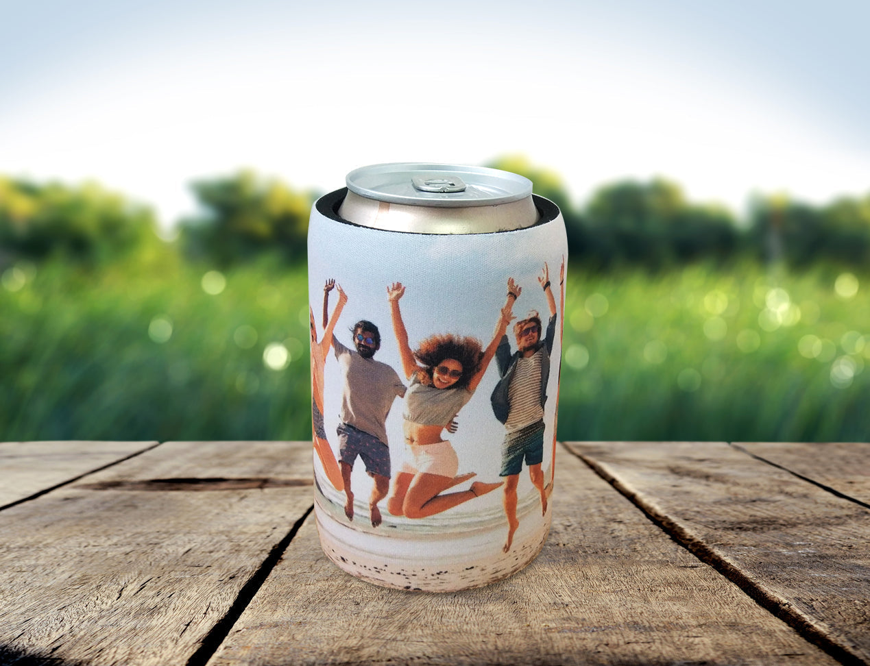 personalised stubby cooler, holding a beer can - customised with a wrapped around picture