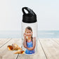 personalised water bottles. this sports drink bottle is customised with a photo of a kid.