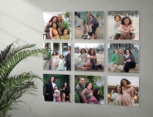 photo wall gallery of 9 photo tiles, each customised with different family picture